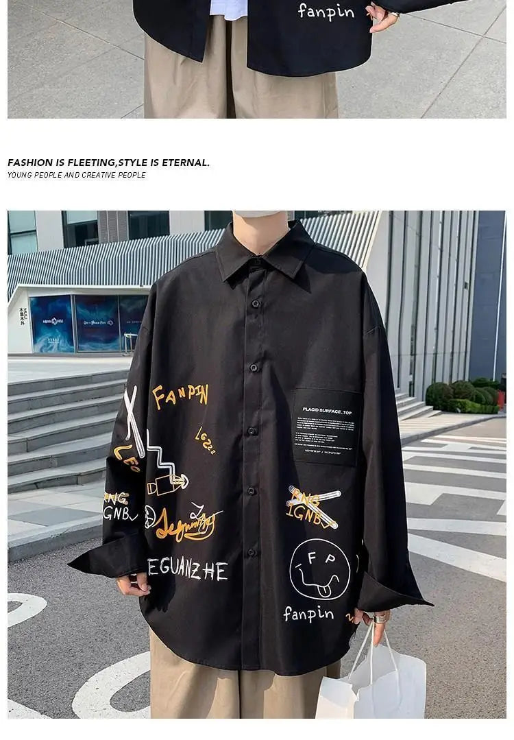 Spring Autumn New Print Graffiti Casual Loose Blouse Man Long Sleeve Korean Style Harajuku Streetwear Shirt Male Fashion Clothes