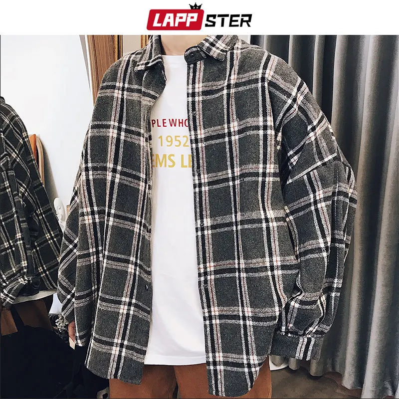 LAPPSTER Y2k Harajuku plaid shirt, long sleeve, men's vintage streetwear fashion.