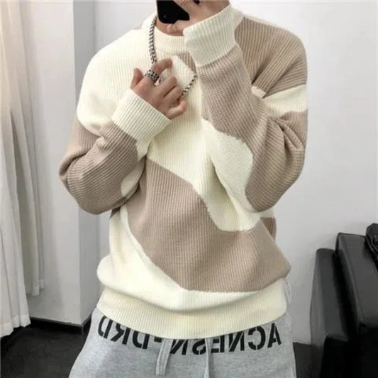 Autumn Winter New Fashion Round Neck Long Sleeve Patchwork Color Blocking Pullovers Men's Clothing Korean Loose Knitting Tops