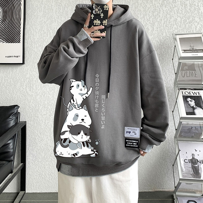 Men's loose Japanese Harajuku anime cat hoodie, long sleeve, foam print, couple sweatshirt.