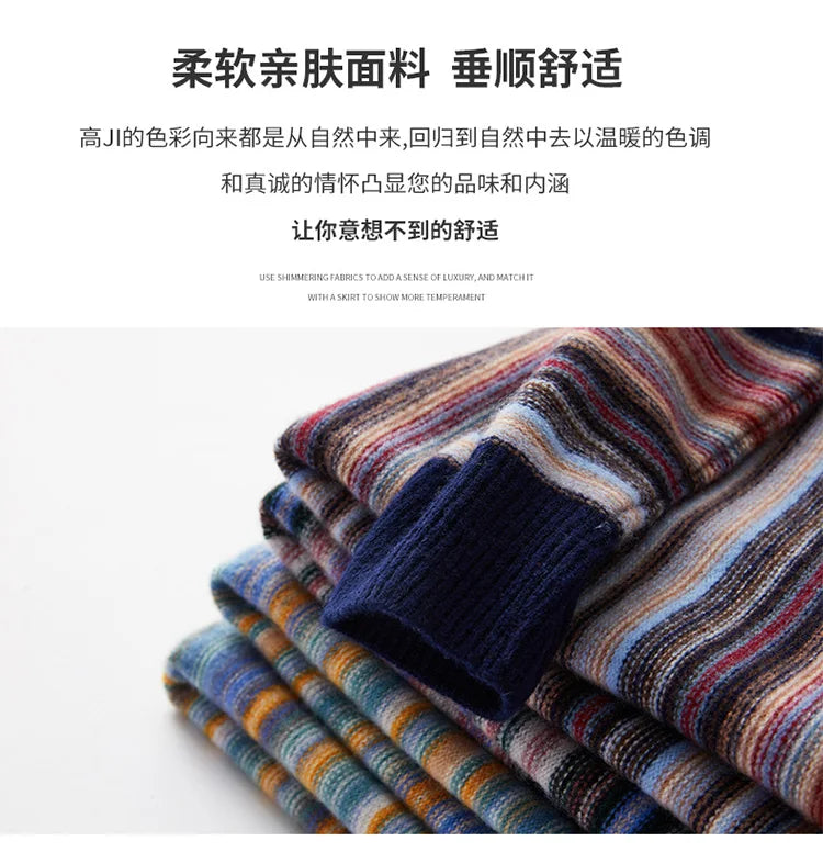 New 100% woolen sweater for young men in autumn and winter, thick sweater, warm stripe, loose casual knitted bottoming coat.