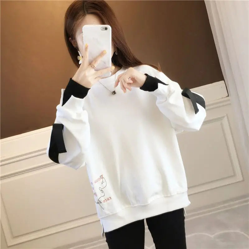 Autumn 2024 New Casual Patchwork Fake Two Pieces Sweatshirts Femme Simplicity Loose Irregular Pullover T-Shirts Women Clothing