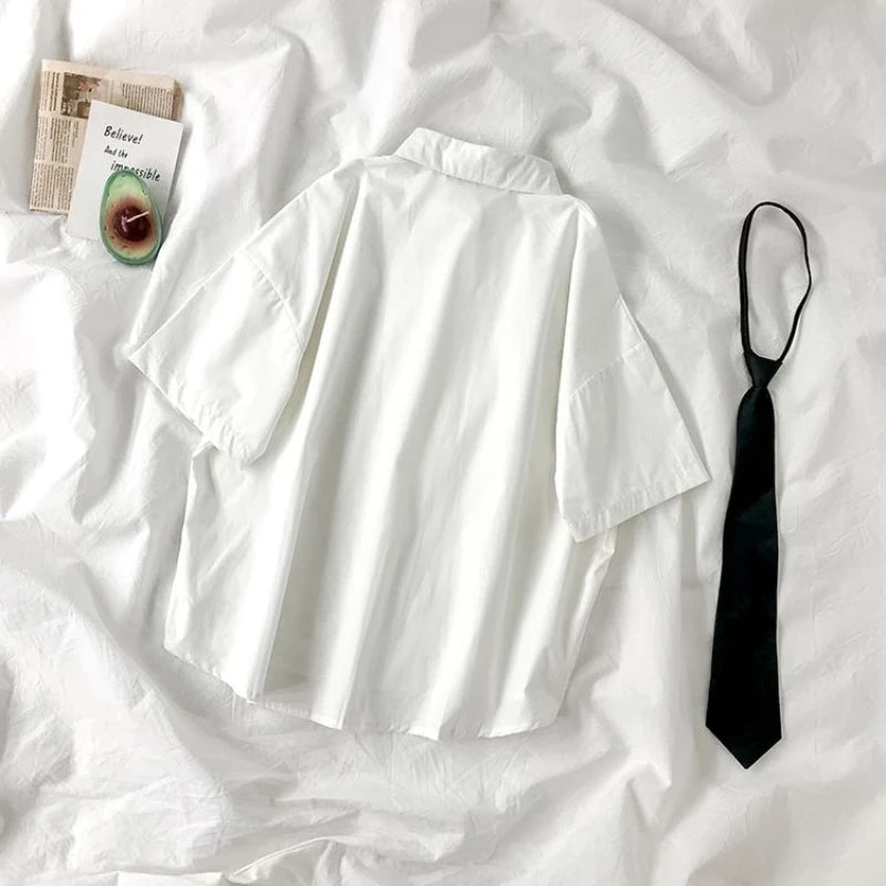 ZOKI White Shirts Women Fashion Black Tie Japan Style Preppy Students JK Girls Blouse Simple Solid Loose Summer Button Up Tops