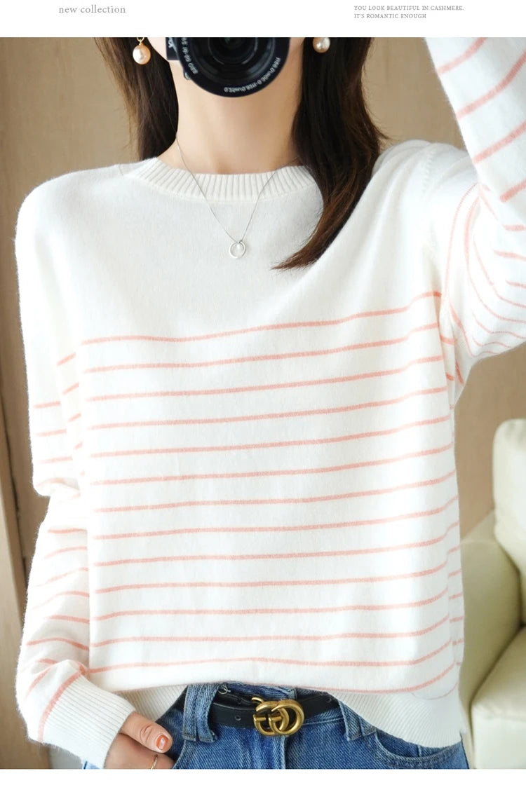 100% Cotton Knitted Sweater Women's Sweater Striped Color Matching Round Neck Large Size Loose Temperament Long Sleeve Bottoming