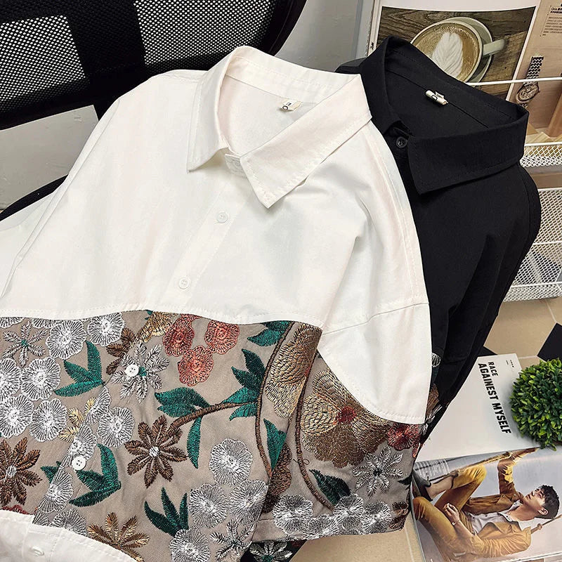 Men's summer embroidered floral shirts in Japanese streetwear style, featuring loose short sleeves and casual design.