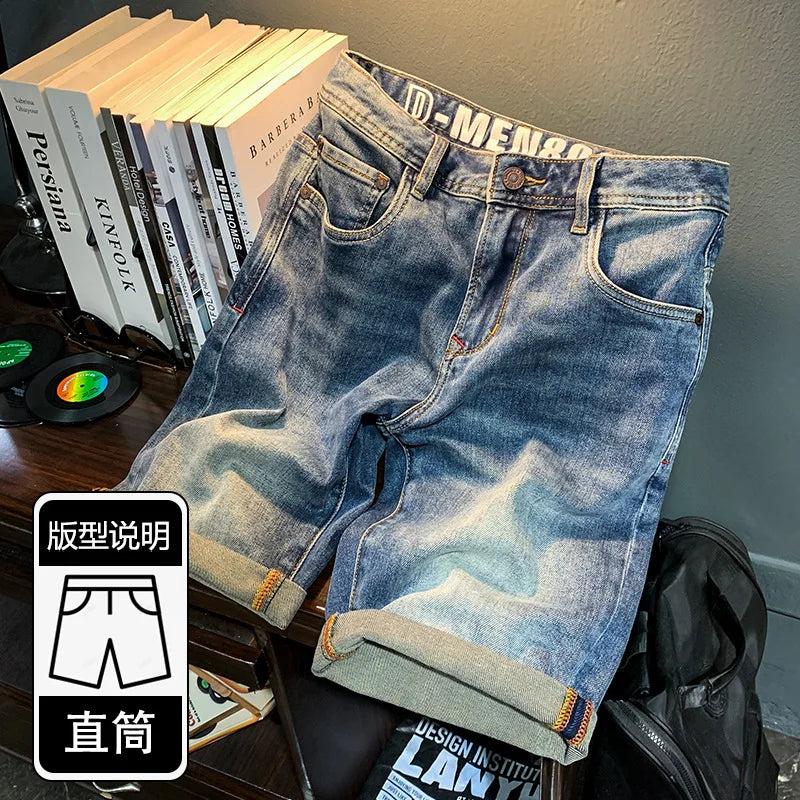 Men's denim shorts with advanced brushed retro design, curling hem, and stretch fabric, ideal for casual summer fashion.