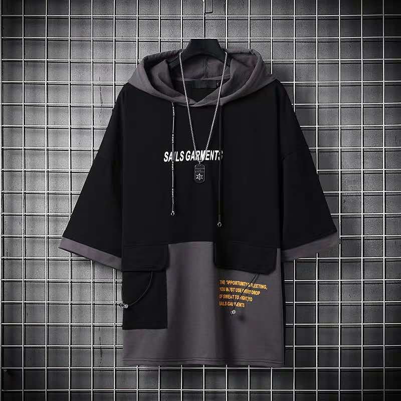 Oversized short sleeve hooded t-shirt in black and grey patchwork design for men and women, perfect for sports and fitness.