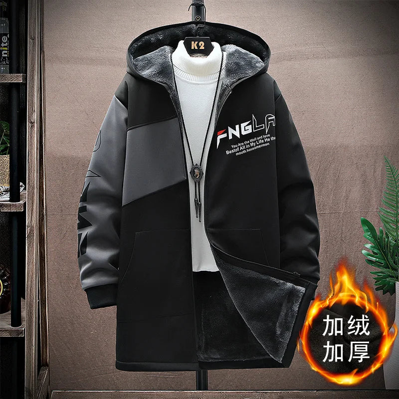 2023 men's winter jacket, casual fashion trend, thick polyester trench coat with hood, sizes M-5XL.