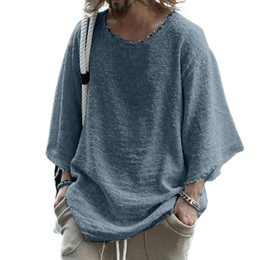 Men's hollow out linen shirt in a casual, patchwork style with a deep O-neck; loose pullover top for summer.