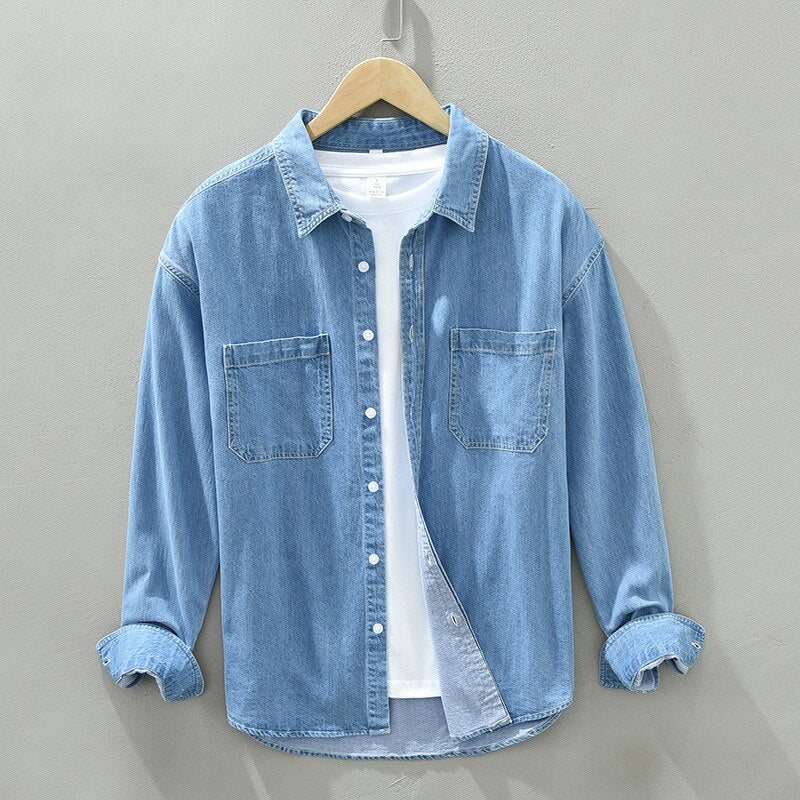 Spring Autumn men's long sleeve denim shirt with two pockets, soft 100% cotton, casual style in blue.