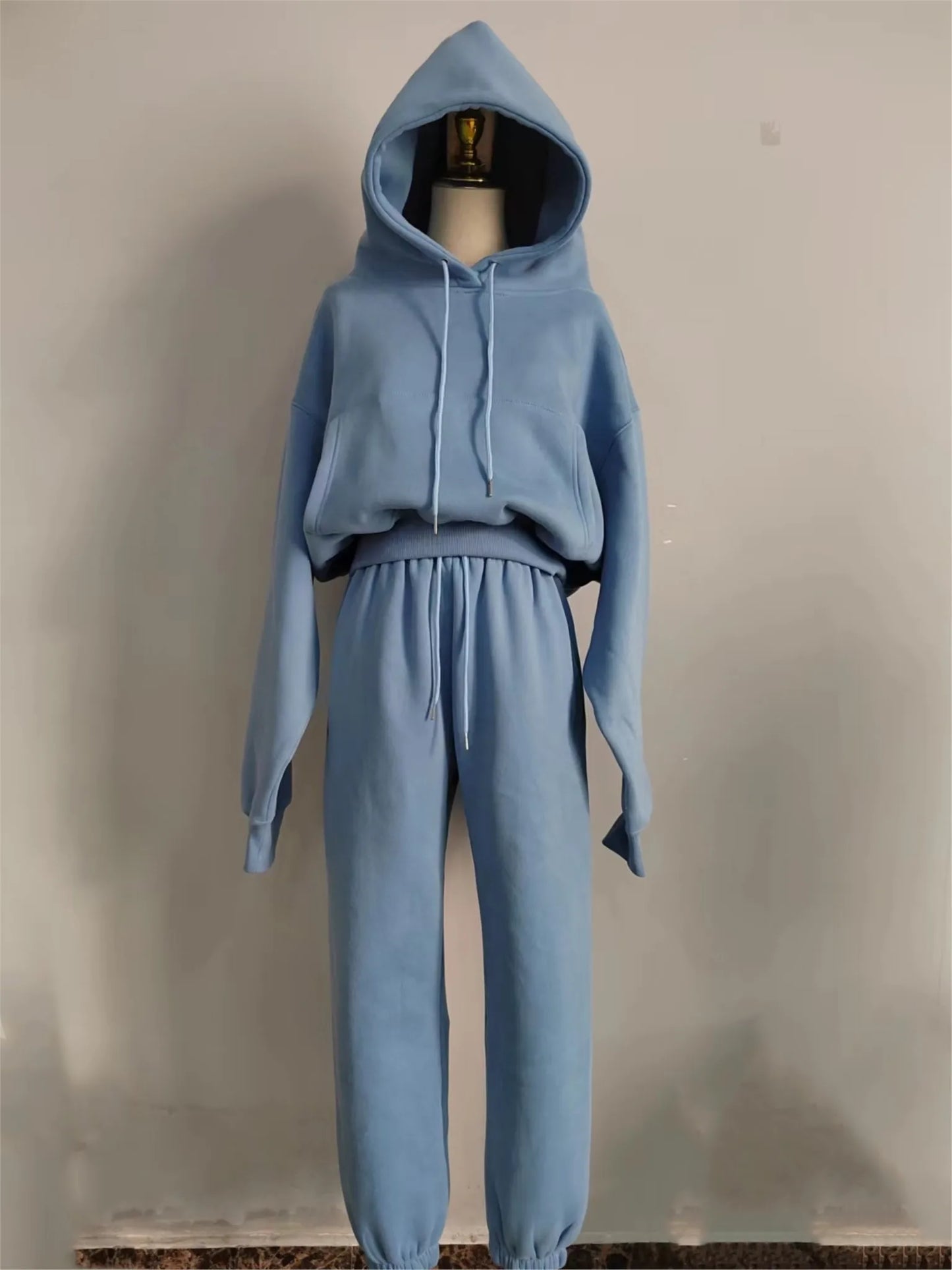 Women's casual solid hooded tracksuit set with fleece pullover and sweatpants, ideal for winter and spring sportswear.