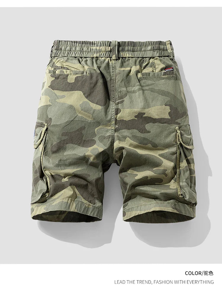 Mens green camouflage military cargo shorts, loose fit, zipper fly, cotton fabric, summer style.