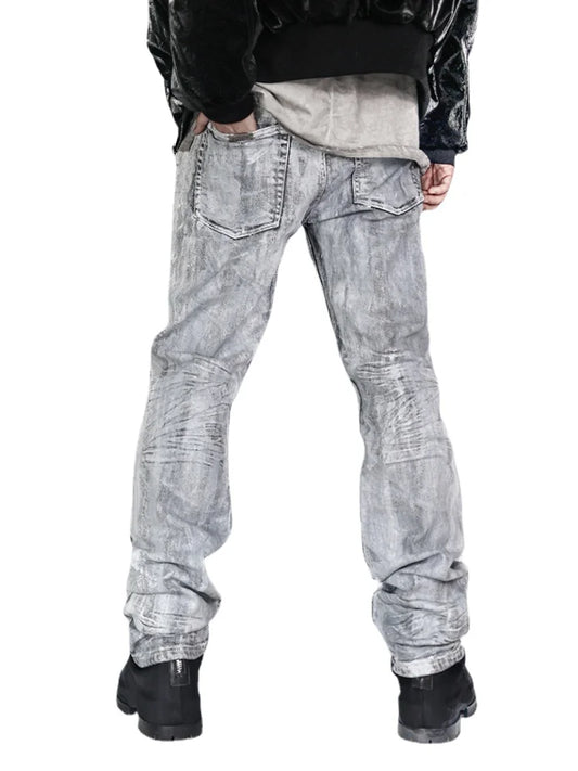 Wasteland style punk distressed gray white jeans with wax-coated paint, perfect for high street fashion.