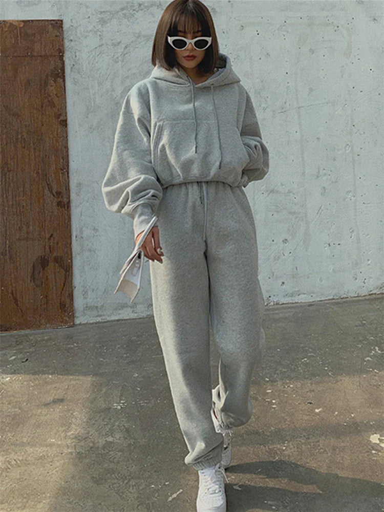 Women's casual grey hooded tracksuit set for winter and spring, featuring fleece pullover and sweatpants.