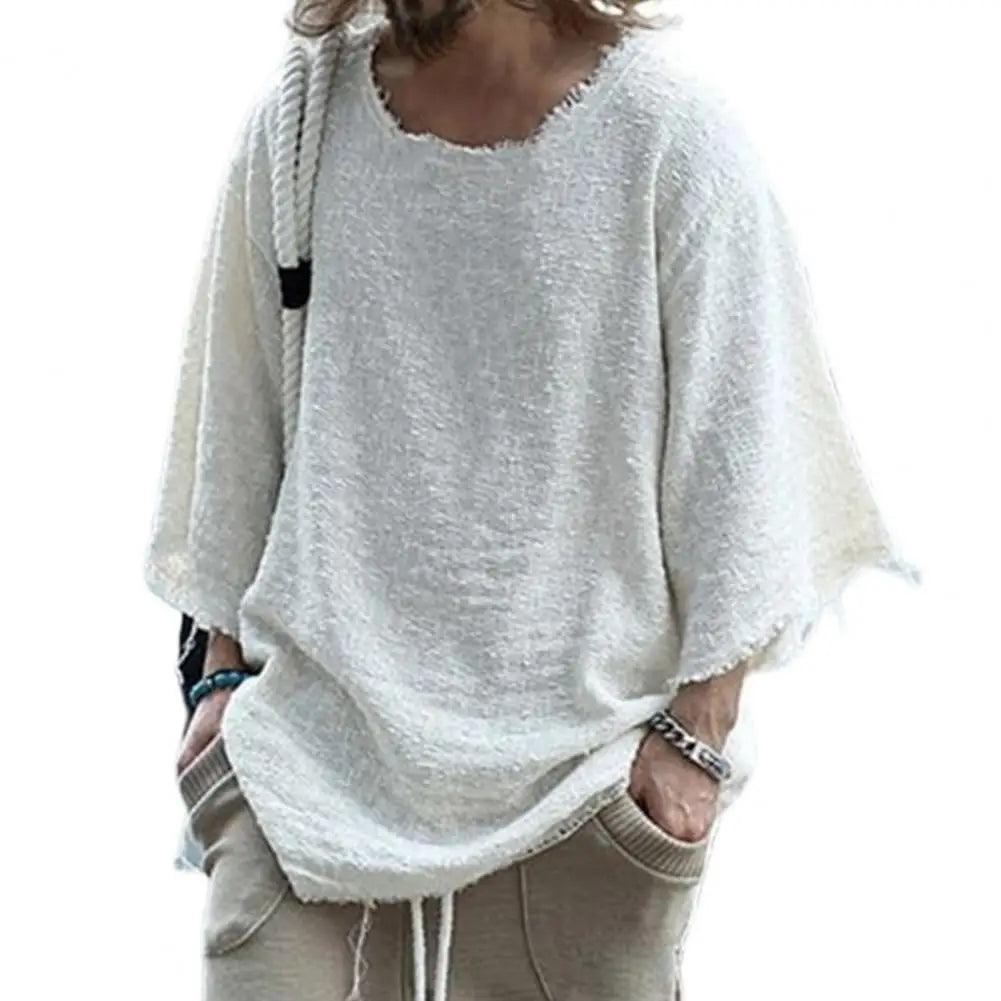 Men's loose linen T-shirt, casual hollow out design, deep O-neck, solid color, patchwork pullover.