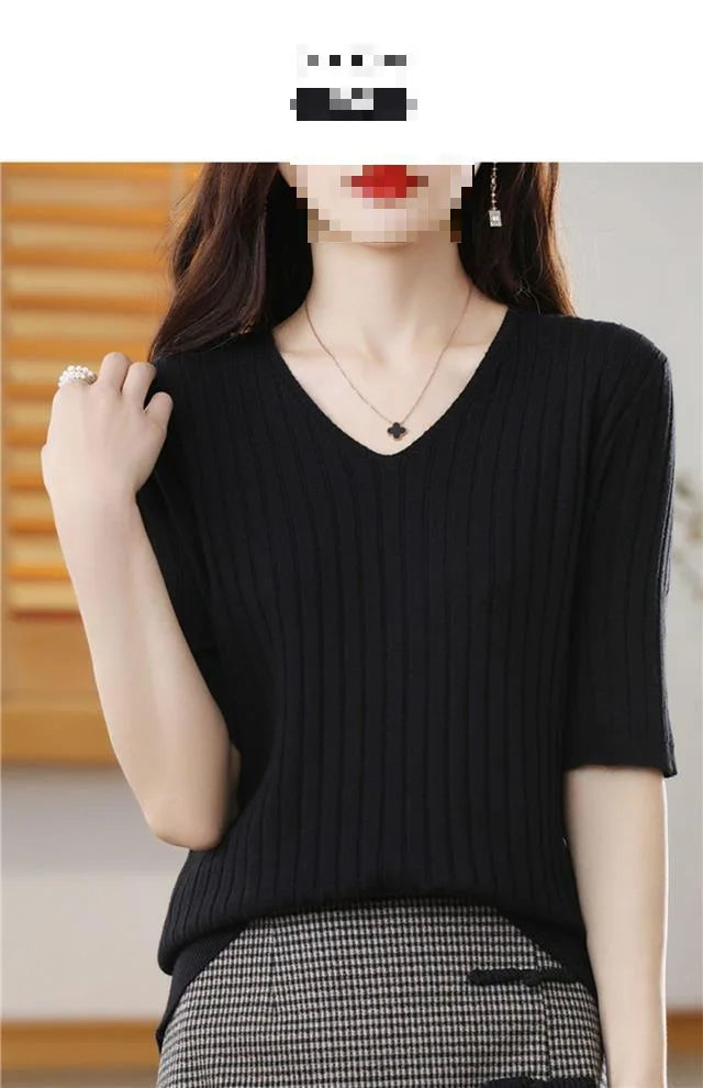 2023 New Spring Summer New Women's V-neck Short-Sleeved Exquisite Cashmere Knitted Sweater Pullover Solid Color