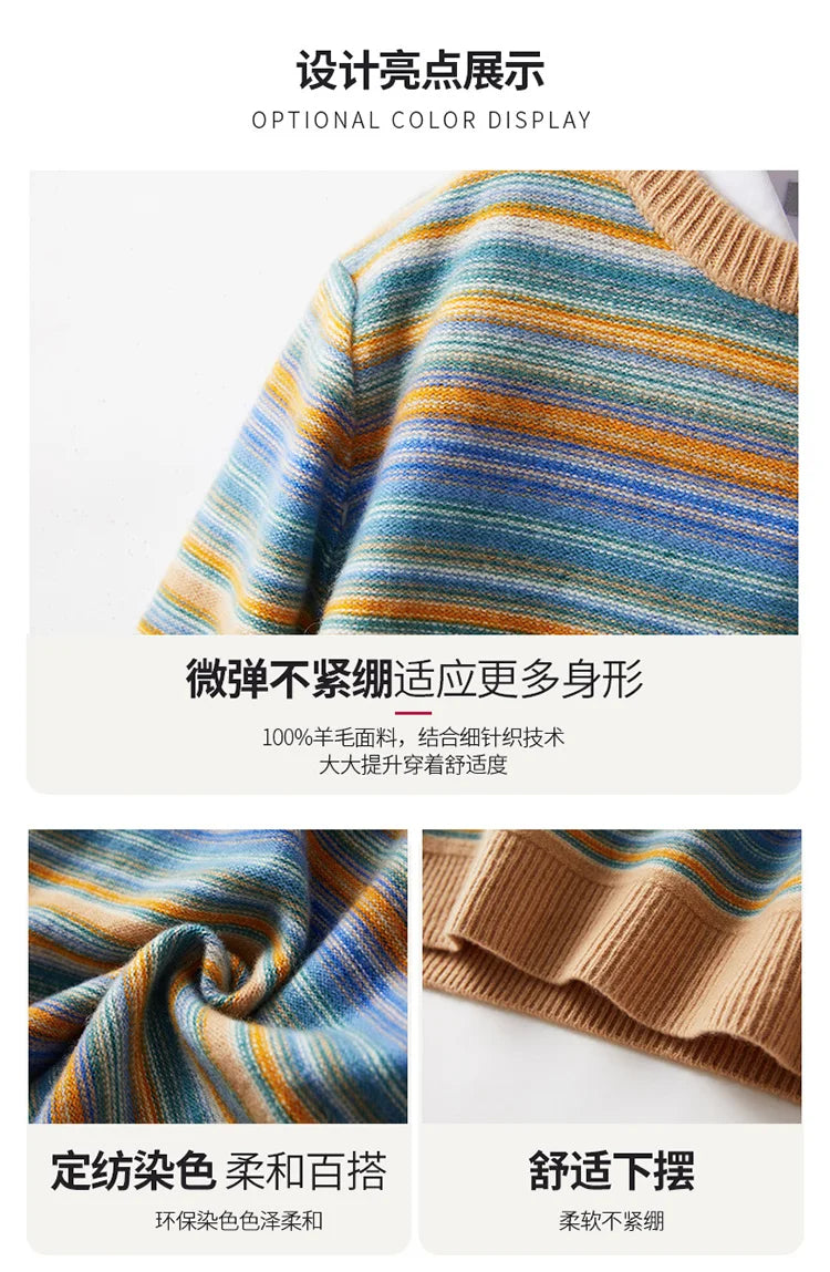 New 100% woolen sweater for young men in autumn and winter, thick sweater, warm stripe, loose casual knitted bottoming coat.