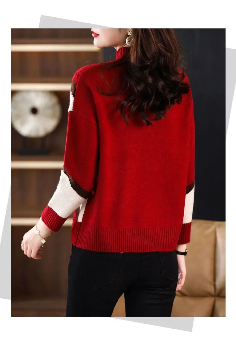 Velvet and Thickened Women's Top 2024 New Autumn/Winter Korean Edition Color Block Knitted Half High Neck Sweater