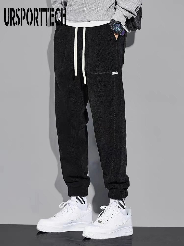 URSPORTTECH hip hop techwear joggers pants for men in black, elastic waistband, streetwear style.