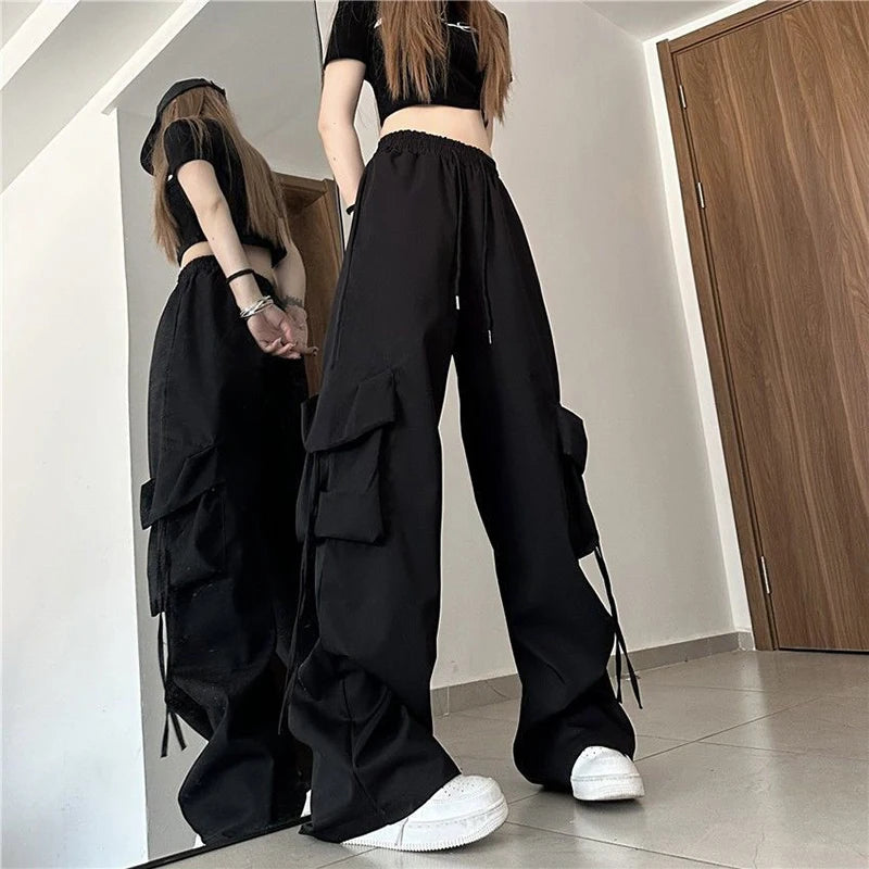 Zoki Harajuku Women Cargo Pants Streetwear Y2K Hip Hop Black Trousers Fashion High Waist Lace Up Female Loose Design Pants New