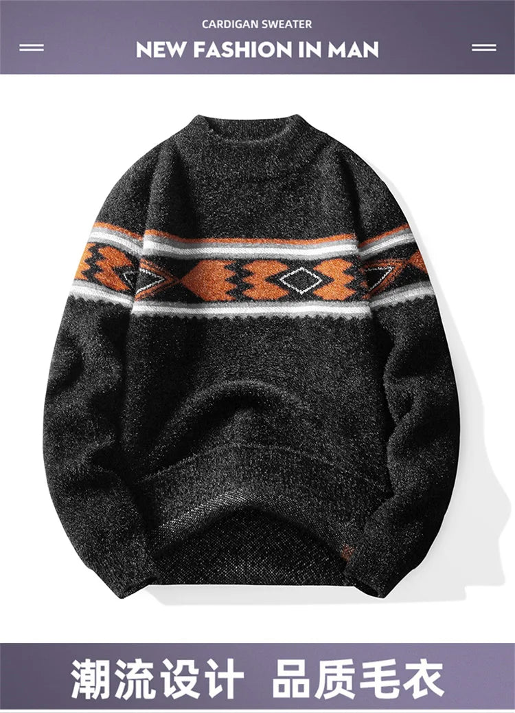 Autumn Winter Men Sweater Vintage Mock Neck Mens Knitted Pullovers Thicken Loose Harajuku Mens Retro Knitting Pullover Sweaters