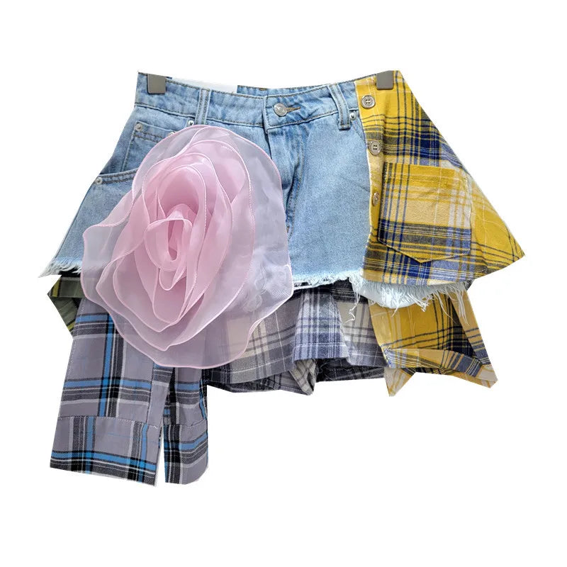 Women's high-waist denim skirt with colored plaid patchwork and irregular deconstructed A-line design.