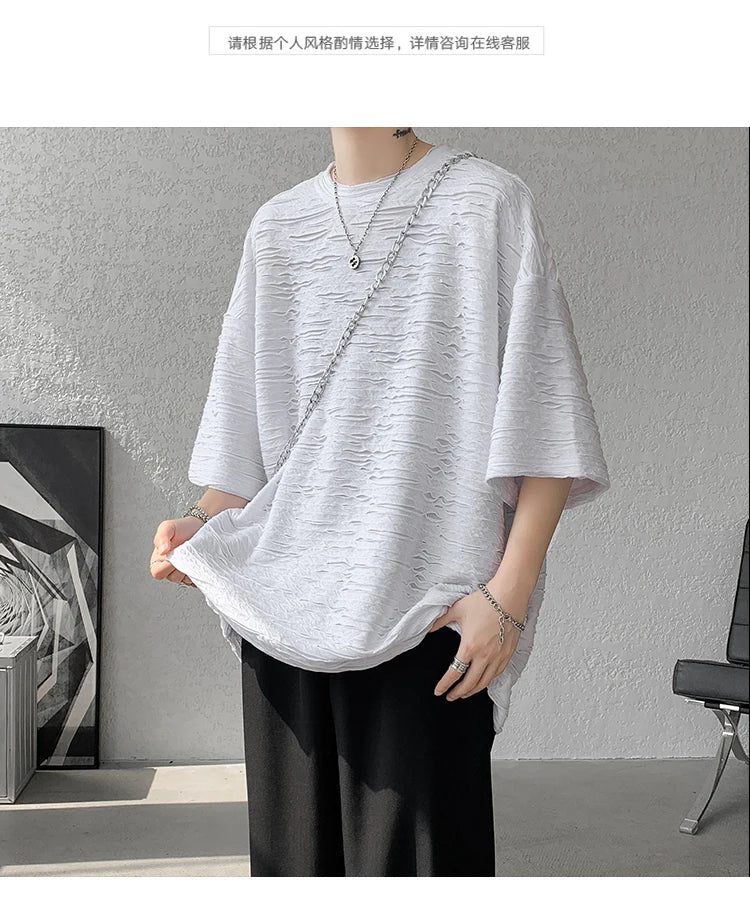 Summer Chic Fashion Holes T-Shirts For Men Clothing Short Sleeve O-Neck Loose Casual Solid Color Tee Shirt Homme Streetwear