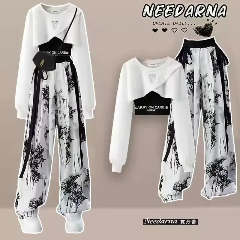 Spring and Autumn women's three-piece set with Korean design, featuring long-sleeved top, tank top, and ink-printed wide-legged pants.