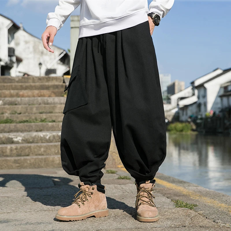 Pant Men Japanese Streetwear Solid Color Pocket Drawstring Jogger Pants Men Fashion Casual Loose Hip Hop Straight Pants Wide Leg