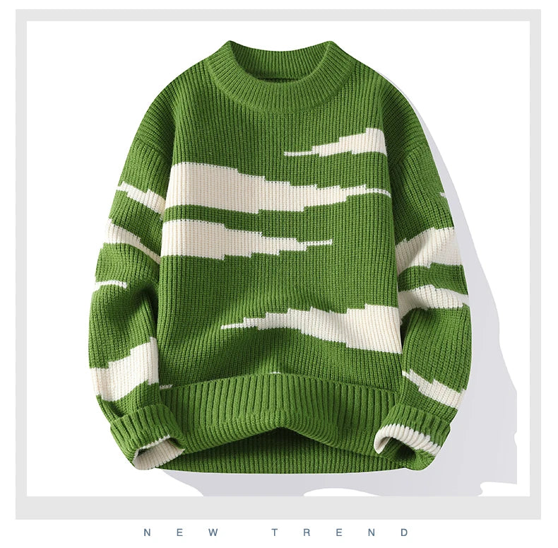 Japanese Retro Colorblocking Pullover Sweater for Men 2024 Autumn Winter New Round Neck Sweater Unisex Knit Sweater