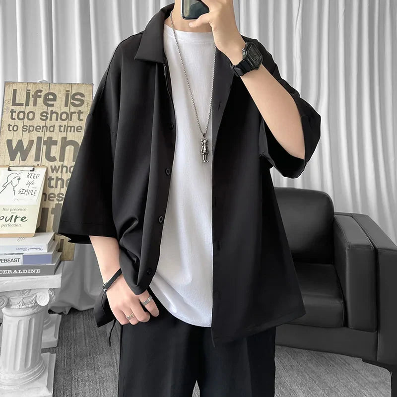 Solid Color Oversized Men's Black Half Sleeve Shirt, Harajuku Style, Cool Summer Streetwear, 2021 Collection.