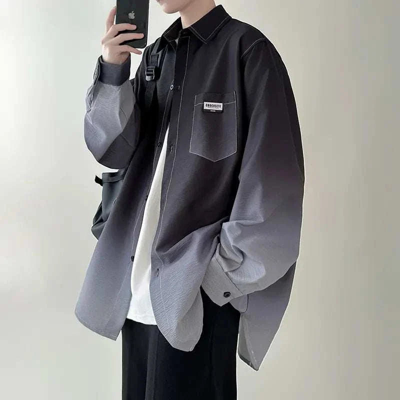 Men's gradient plicated long sleeve loose Korean fashion casual oversize shirt coat.