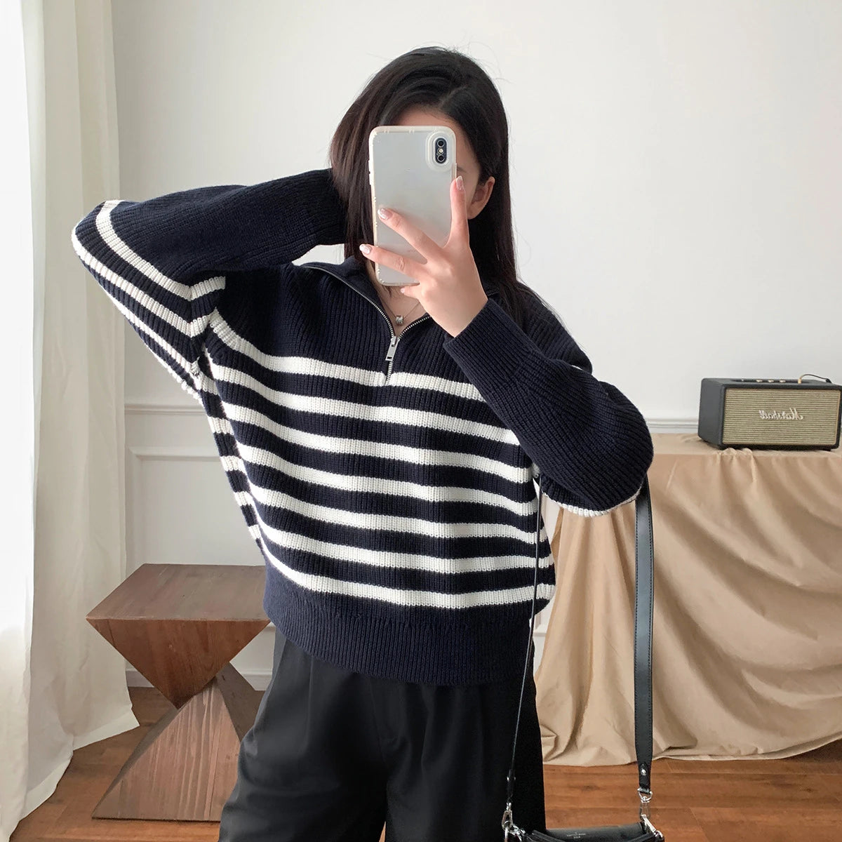 Women's Turtleneck Loose Lapel Striped Knitwear Women Pulovers New Simplicity Half Zipper Casual Fashion Women Sweaters 2024