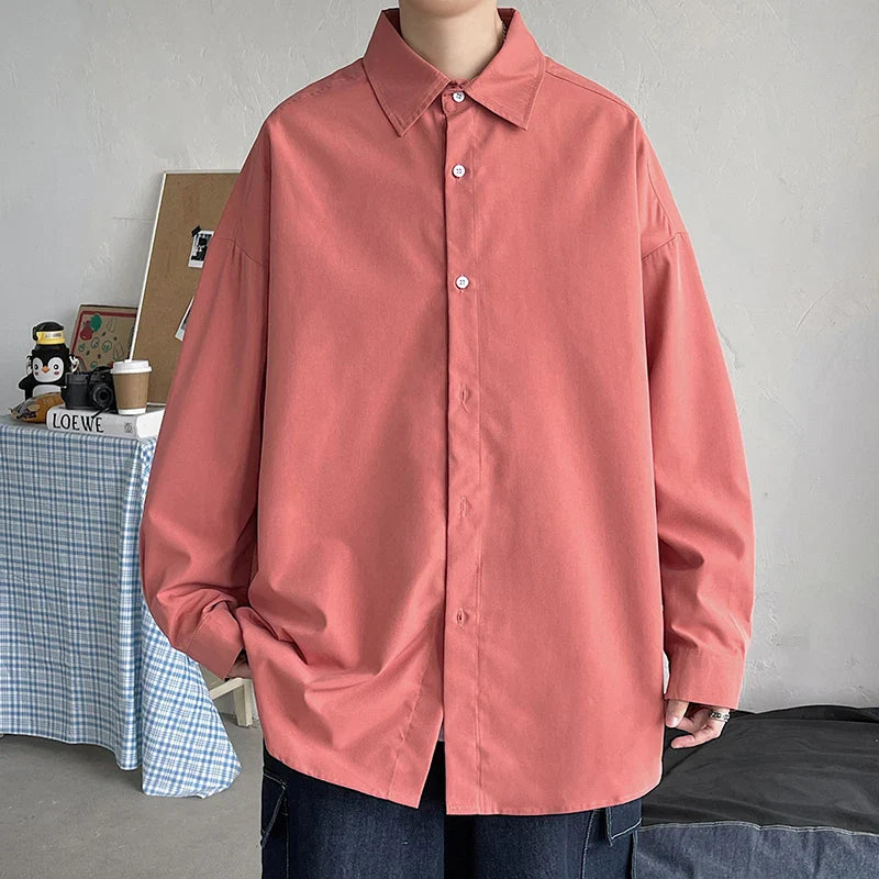 LAPPSTER-Youth Korean Fashion oversized long sleeve shirt in terracotta, 2023 men's Harajuku style, casual button-up.