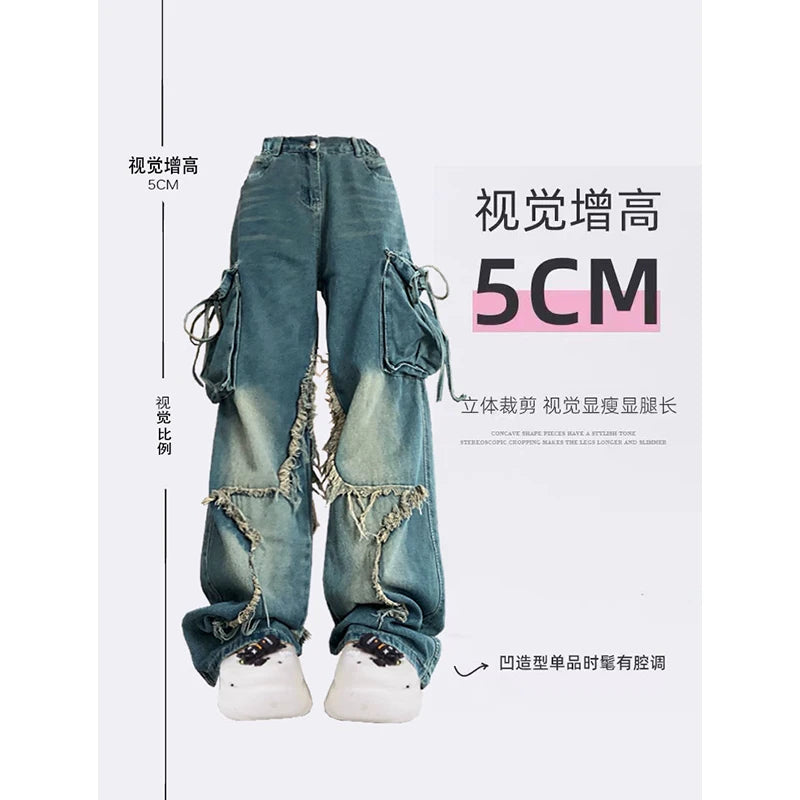 Women Blue Cargo Jeans Baggy Vintage 90s Aesthetic High Waist Cowboy Pants Harajuku Denim Trousers Y2k Trashy 2000s Clothes 2024