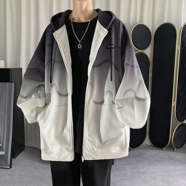 Gradient men's loose Korean cardigan sweatshirt, autumn winter street style, fleece material, lantern sleeves, solid pattern.