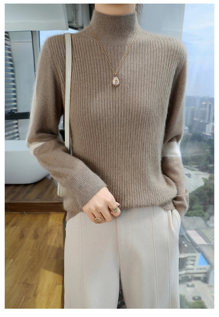 2024 Winter Ladies Turtleneck Mink Cashmere Sweater Women's Patchwork Color Base Knitwear Exquisite Super Warm Long Sleeve Top