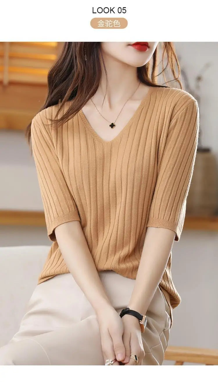 2023 New Spring Summer New Women's V-neck Short-Sleeved Exquisite Cashmere Knitted Sweater Pullover Solid Color