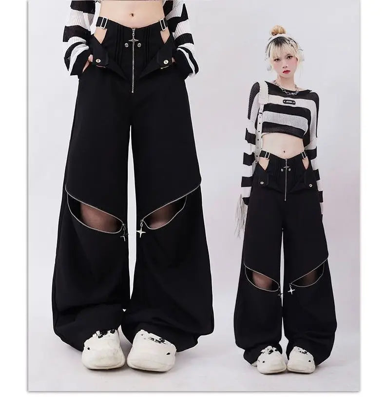 American Individualized Spicy Girl Hollow Out Workwear Pants for Women Fashion Zipper Two Wear Design Casual Versatile Trousers