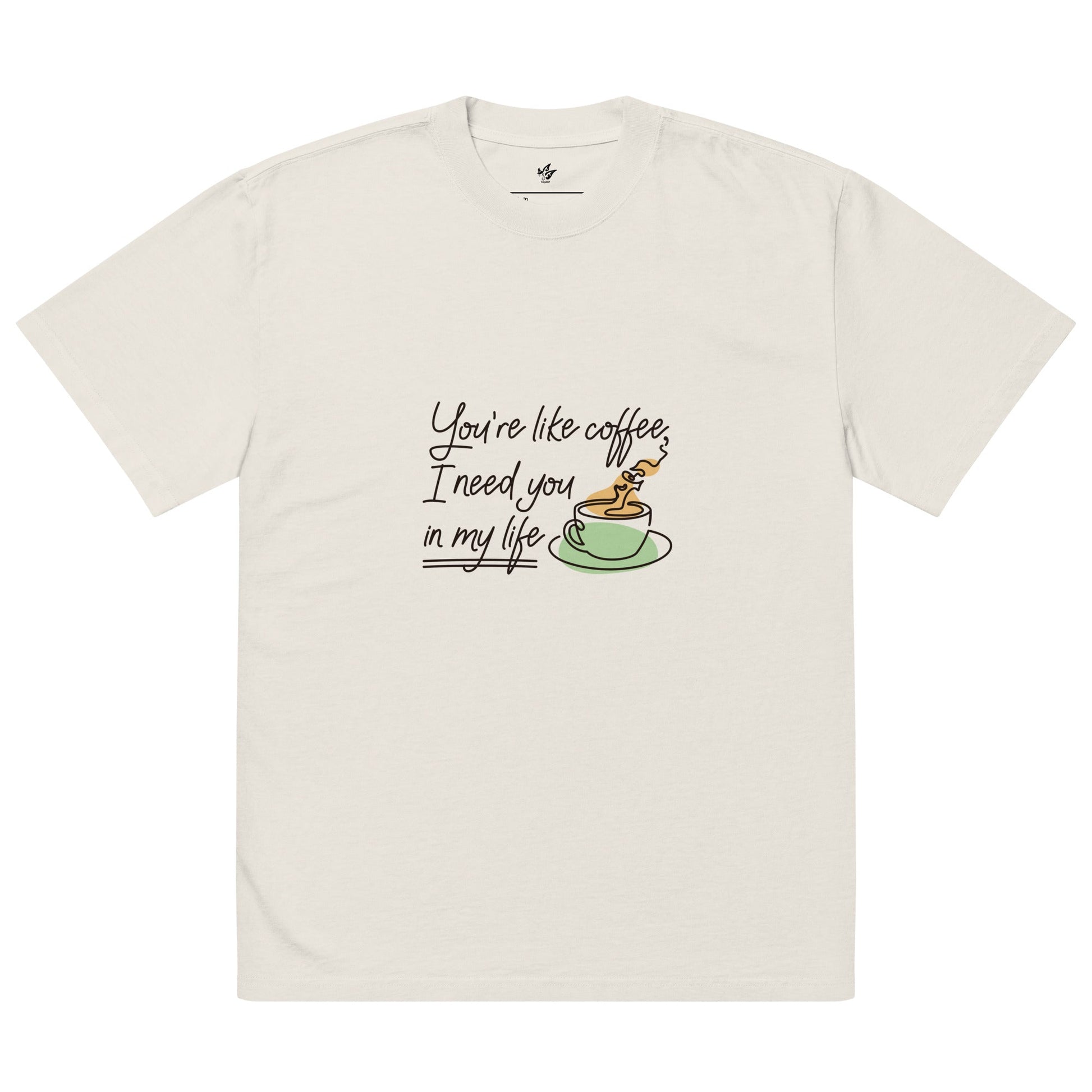 Oversized faded t-shirt with coffee-themed design and wide neck ribbing.