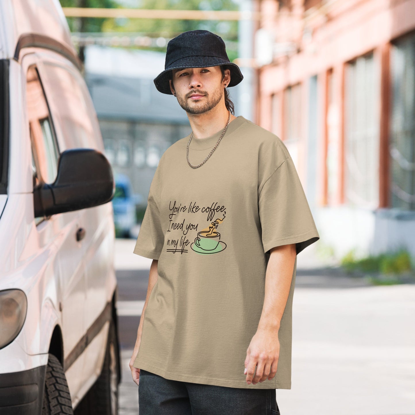 Oversized faded t-shirt with coffee print, 100% cotton, boxy fit.