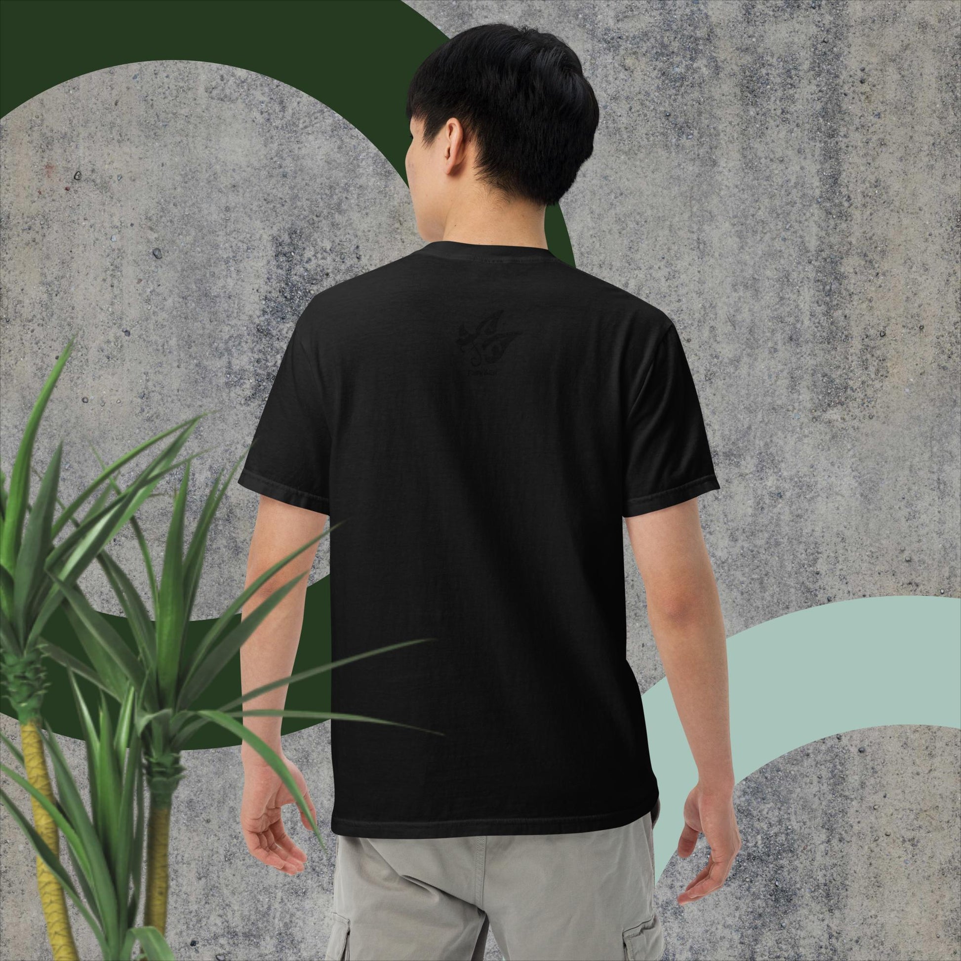 Unisex T1604 garment-dyed heavyweight t-shirt, black, back view, 100% ring-spun cotton.