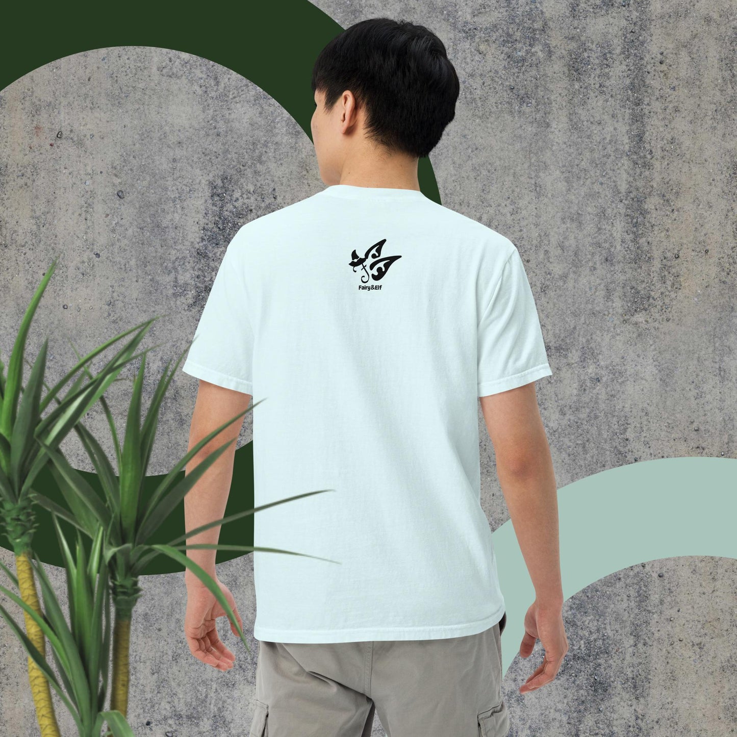 Man wearing Switch Man garment-dyed heavyweight t-shirt, soft and breathable, 100% ring-spun cotton, relaxed fit, side view.