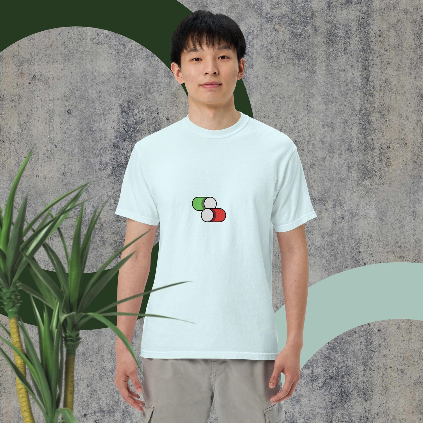 Switch Man garment-dyed heavyweight t-shirt on model, white color, graphic design.