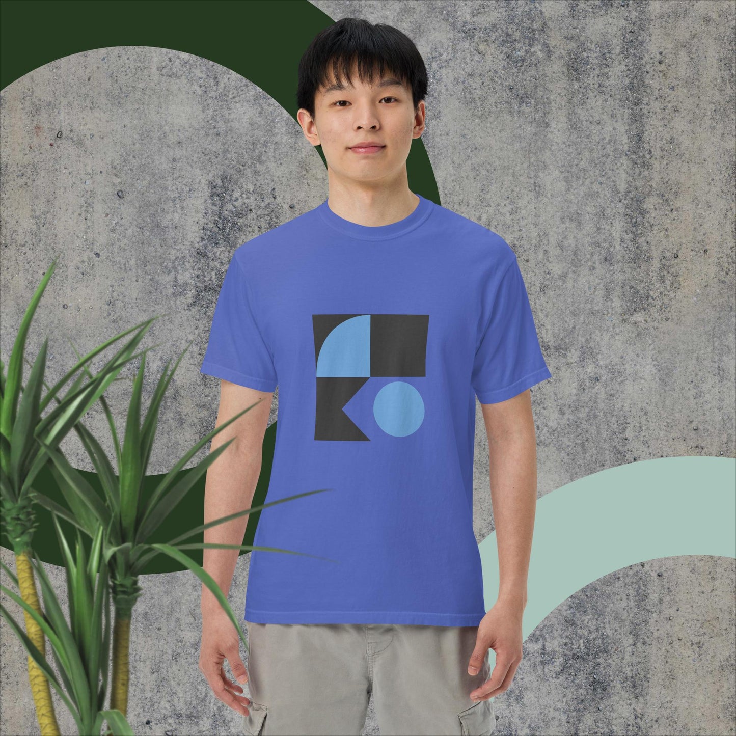 Blue T1604 garment-dyed heavyweight t-shirt with geometric design, relaxed fit, 100% ring-spun cotton.