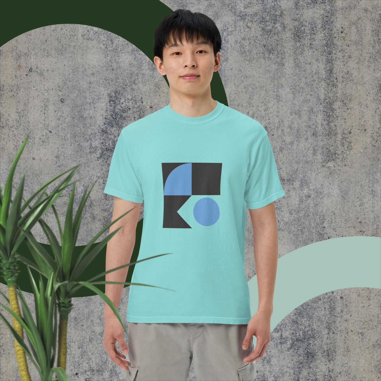 Unisex T1604 garment-dyed heavyweight t-shirt in mint green with geometric design, 100% ring-spun cotton.