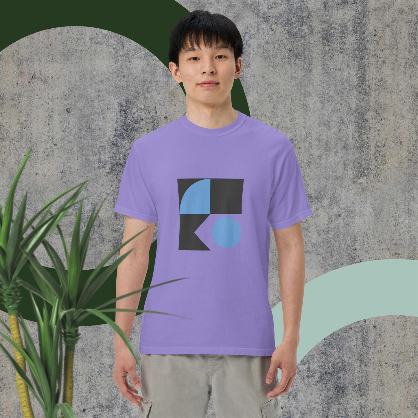 Unisex T1604 garment-dyed heavyweight t-shirt in lavender with graphic design, 100% ring-spun cotton.