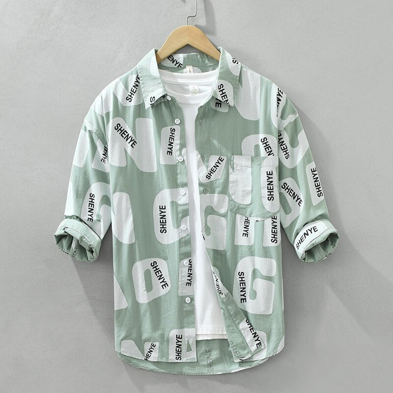 Men's three-quarter sleeve cotton shirt with letter print, casual loose fit, available in white and green.