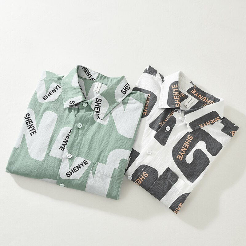 100% cotton three-quarter sleeve shirt with letter print design for men, available in green and white.