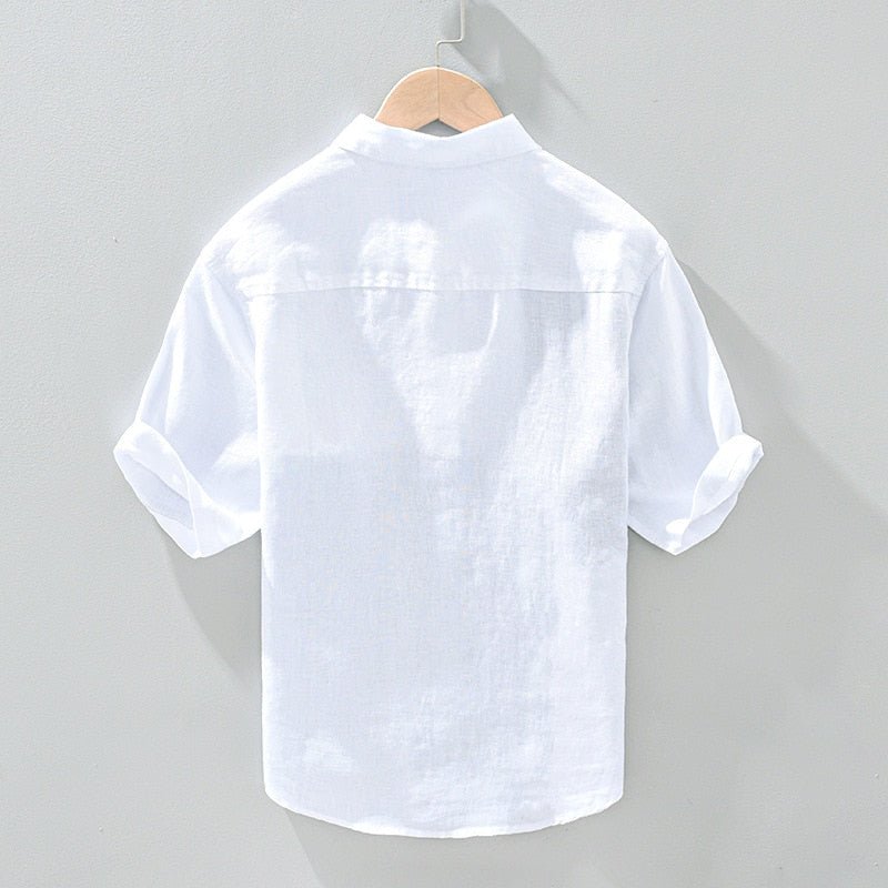 100% Linen Men's White Shirt, Asymmetric Plaid Patchwork, Casual Summer Fashion.